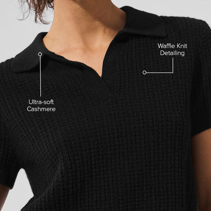 alo Women's Cashmere Plush Waffle Polo Tee - Black