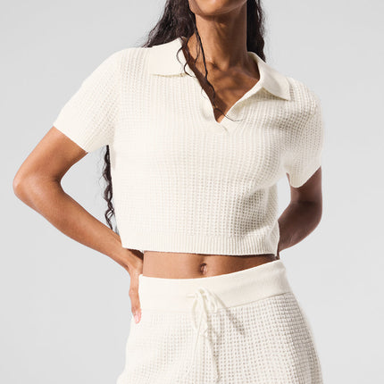 alo Women's Cashmere Plush Waffle Polo Tee - Ivory