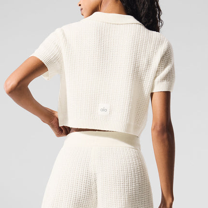 alo Women's Cashmere Plush Waffle Polo Tee - Ivory