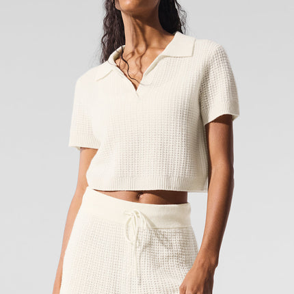 alo Women's Cashmere Plush Waffle Polo Tee - Ivory