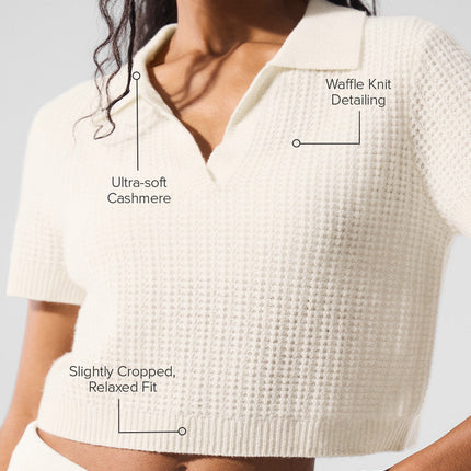 alo Women's Cashmere Plush Waffle Polo Tee - Ivory