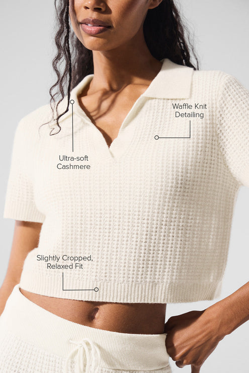 alo Women's Cashmere Plush Waffle Polo Tee - Ivory