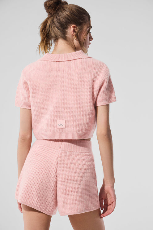 alo Women's Cashmere Plush Waffle Polo Tee - Pink Quartz