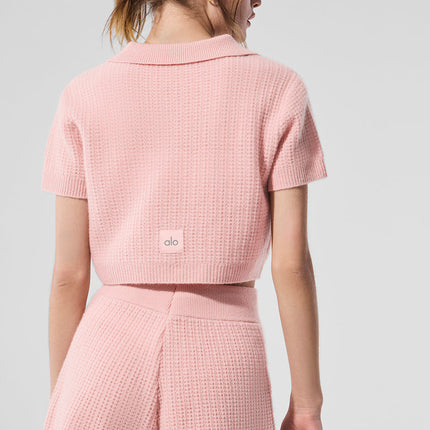 alo Women's Cashmere Plush Waffle Polo Tee - Pink Quartz
