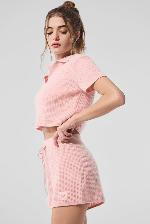 alo Women's Cashmere Plush Waffle Polo Tee - Pink Quartz