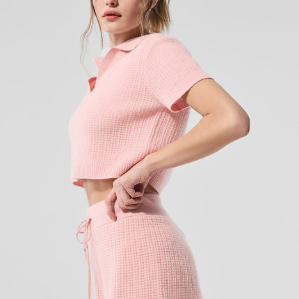 alo Women's Cashmere Plush Waffle Polo Tee - Pink Quartz