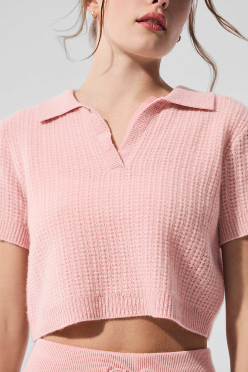 alo Women's Cashmere Plush Waffle Polo Tee - Pink Quartz