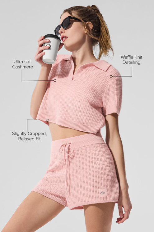 alo Women's Cashmere Plush Waffle Polo Tee - Pink Quartz