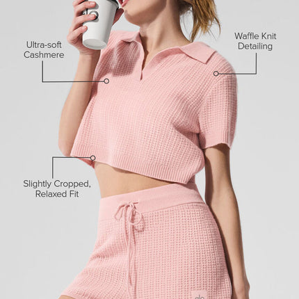 alo Women's Cashmere Plush Waffle Polo Tee - Pink Quartz
