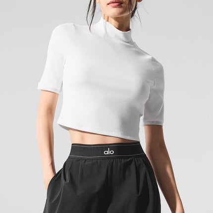 alo Women's Ribbed Mesh Secret Short Sleeve - White
