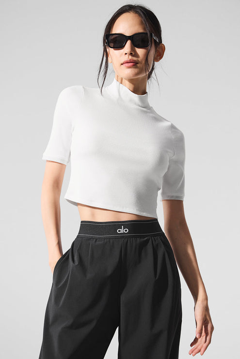 alo Women's Ribbed Mesh Secret Short Sleeve - White