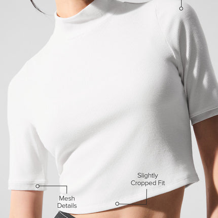 alo Women's Ribbed Mesh Secret Short Sleeve - White