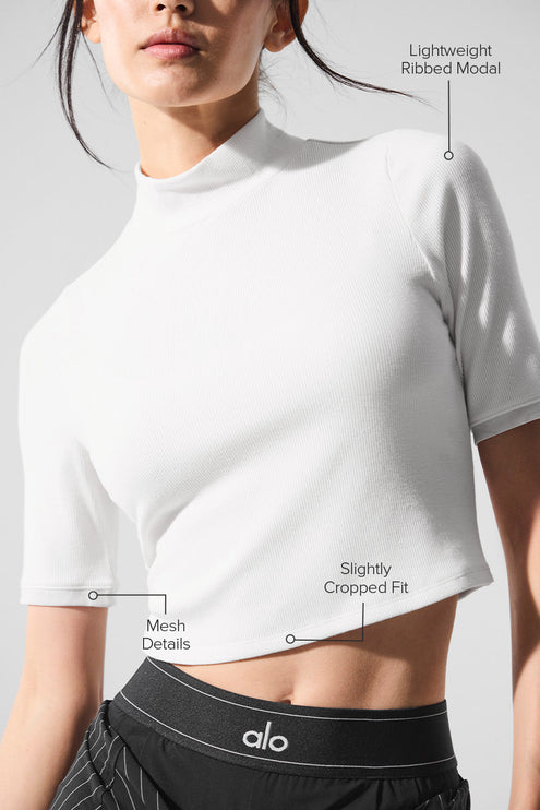 alo Women's Ribbed Mesh Secret Short Sleeve - White