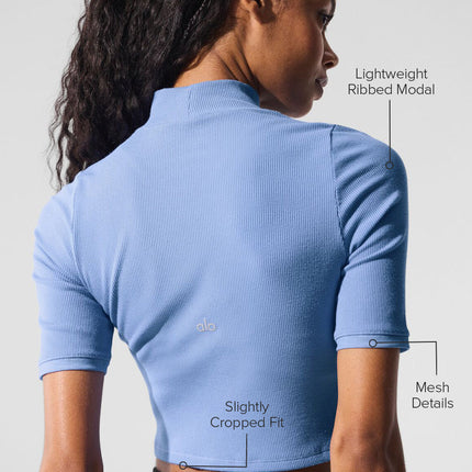 alo Women's Ribbed Mesh Secret Short Sleeve - Crystal Clear Blue
