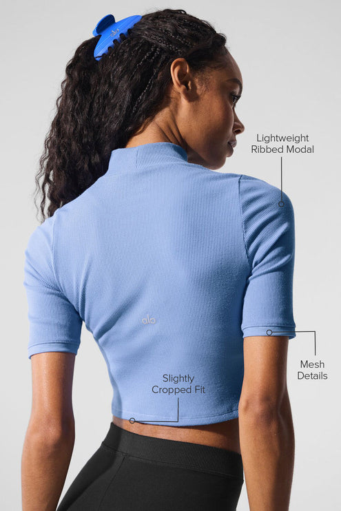 alo Women's Ribbed Mesh Secret Short Sleeve - Crystal Clear Blue