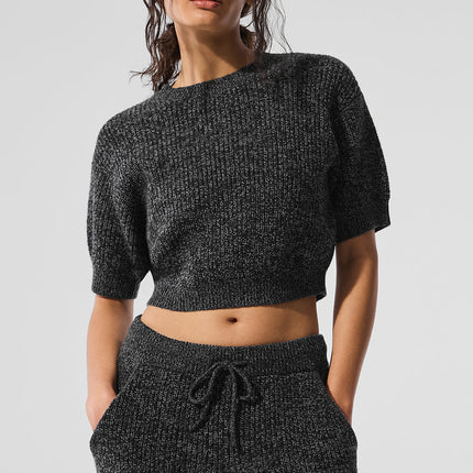 alo Women's Marl Sweater Short Sleeve - Black Marl