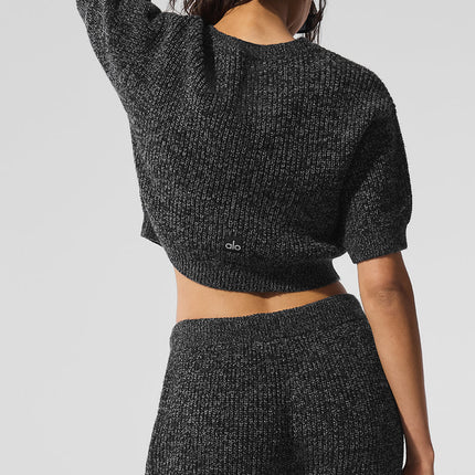 alo Women's Marl Sweater Short Sleeve - Black Marl