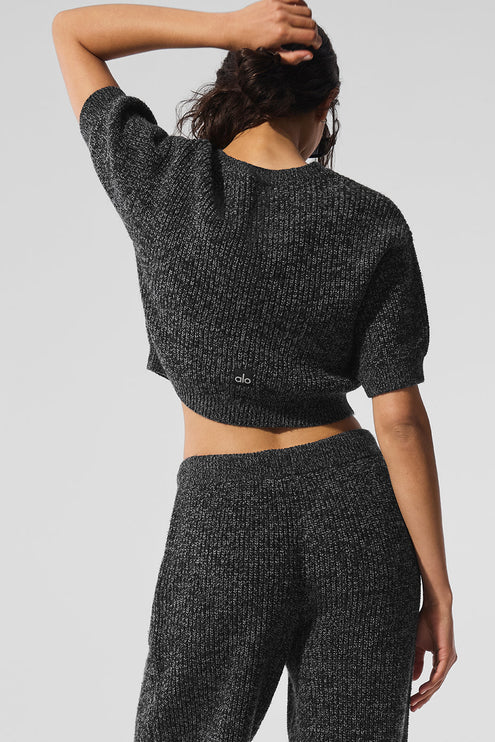 alo Women's Marl Sweater Short Sleeve - Black Marl