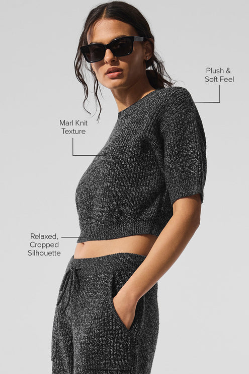 alo Women's Marl Sweater Short Sleeve - Black Marl