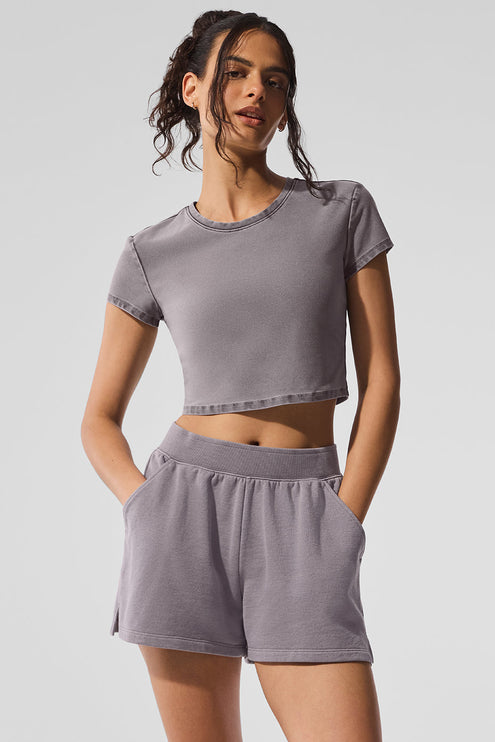 alo Women's Washed Alosoft Crop Finesse Short Sleeve - Cool Grey Wash