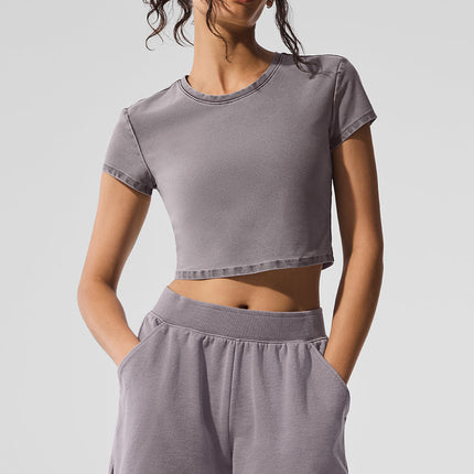 alo Women's Washed Alosoft Crop Finesse Short Sleeve - Cool Grey Wash