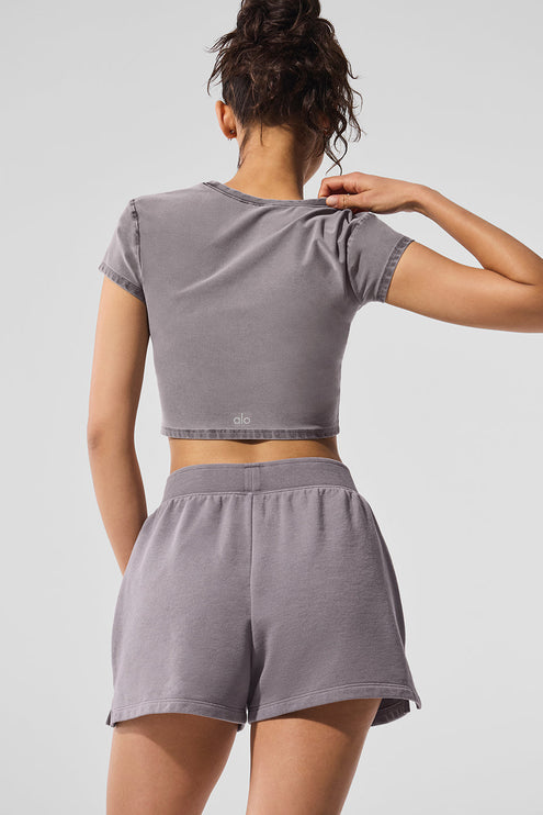 alo Women's Washed Alosoft Crop Finesse Short Sleeve - Cool Grey Wash