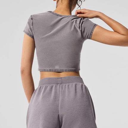 alo Women's Washed Alosoft Crop Finesse Short Sleeve - Cool Grey Wash