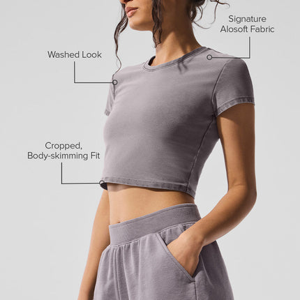 alo Women's Washed Alosoft Crop Finesse Short Sleeve - Cool Grey Wash