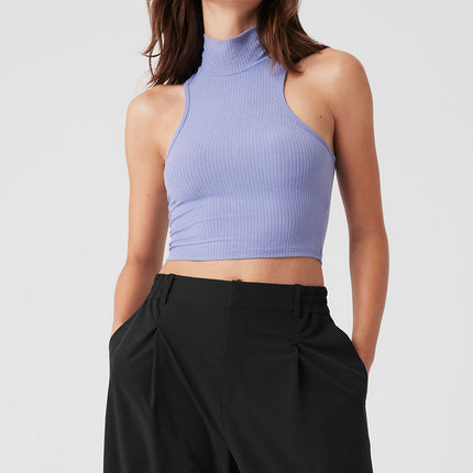 alo Women's Ribbed Sea Coast Cropped Turtleneck Tank - Lilac Blue