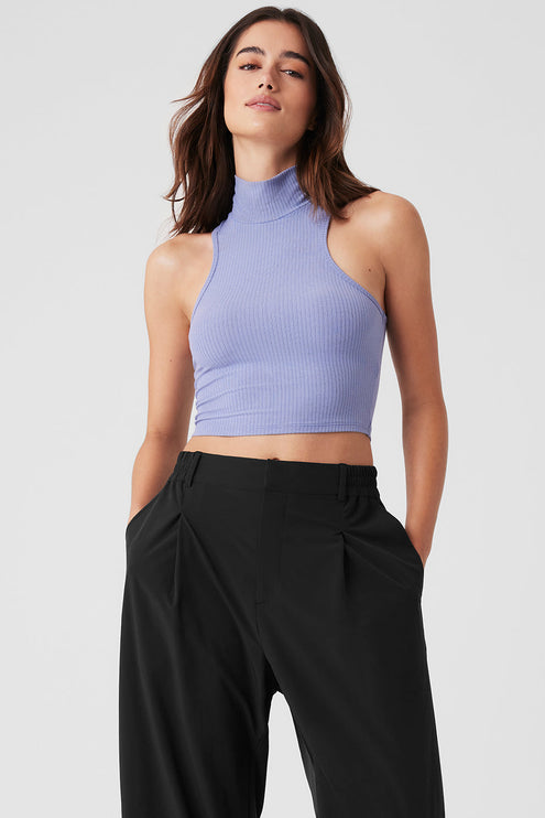 alo Women's Ribbed Sea Coast Cropped Turtleneck Tank - Lilac Blue