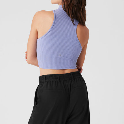 alo Women's Ribbed Sea Coast Cropped Turtleneck Tank - Lilac Blue