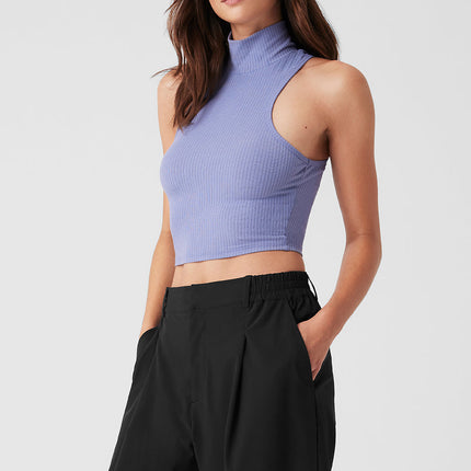 alo Women's Ribbed Sea Coast Cropped Turtleneck Tank - Lilac Blue