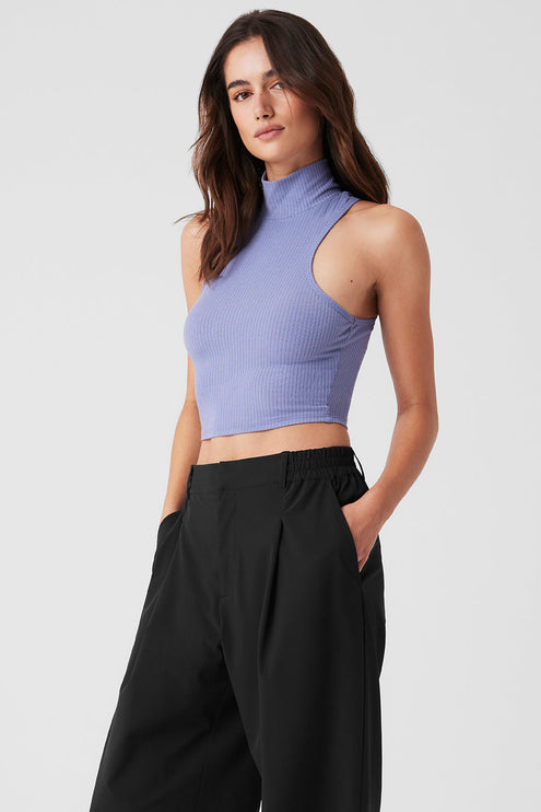 alo Women's Ribbed Sea Coast Cropped Turtleneck Tank - Lilac Blue