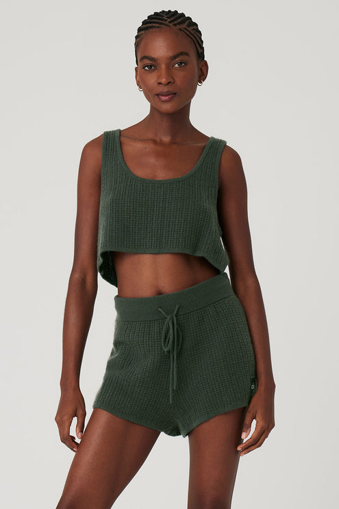 alo Women's Cashmere Plush Waffle Cropped Tank - Dark Cactus