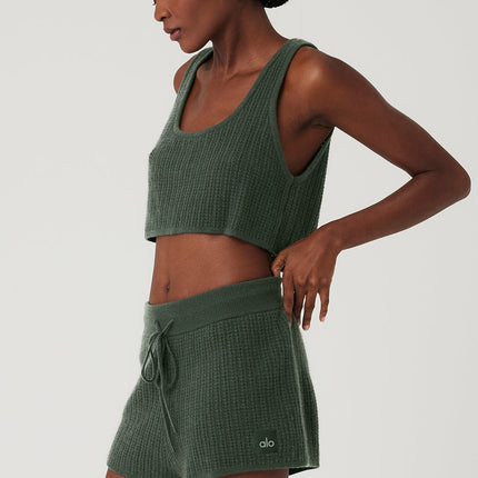 alo Women's Cashmere Plush Waffle Cropped Tank - Dark Cactus