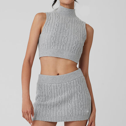 alo Women's Cable Knit Winter Bliss Mock Neck Tank - Athletic Heather Grey