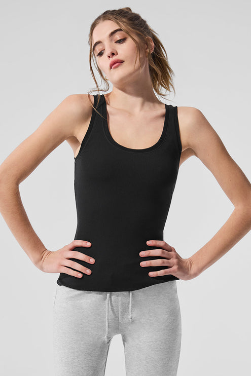 alo Women's Ribbed Mesh Secret Tank - Black