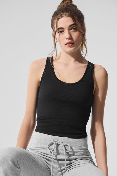 alo Women's Ribbed Mesh Secret Tank - Black