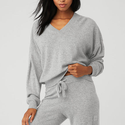 alo Women's Cashmere Jet Set V-Neck Pullover - Dove Grey Heather