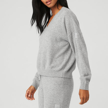 alo Women's Cashmere Jet Set V-Neck Pullover - Dove Grey Heather