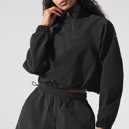 alo Women's Cropped 1/4 Zip Alumni Pullover - Black