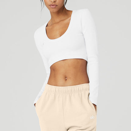 alo Women's Seamless Ribbed Cropped Serene Long Sleeve - White