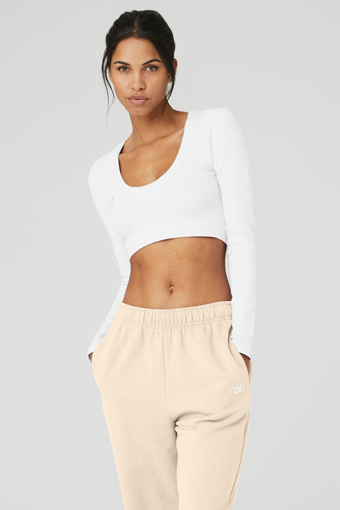 alo Women's Seamless Ribbed Cropped Serene Long Sleeve - White