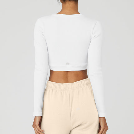 alo Women's Seamless Ribbed Cropped Serene Long Sleeve - White