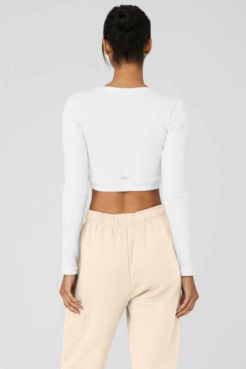 alo Women's Seamless Ribbed Cropped Serene Long Sleeve - White