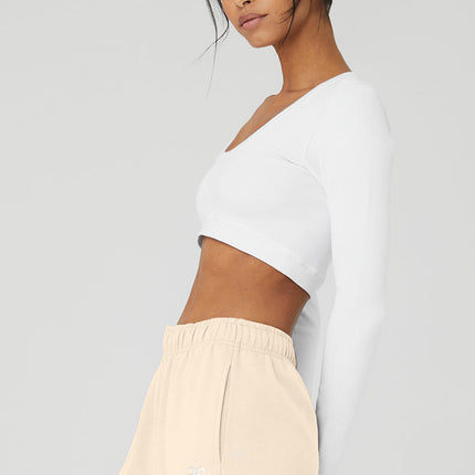 alo Women's Seamless Ribbed Cropped Serene Long Sleeve - White