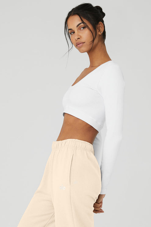 alo Women's Seamless Ribbed Cropped Serene Long Sleeve - White
