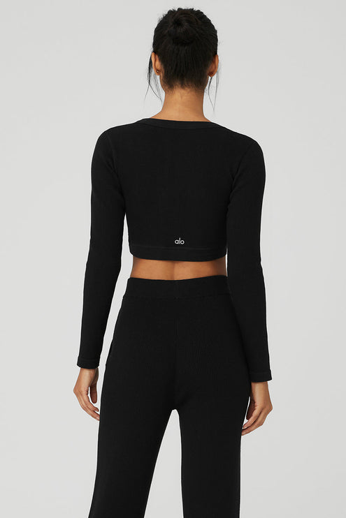 alo Women's Seamless Ribbed Cropped Serene Long Sleeve - Black