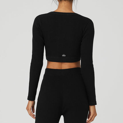 alo Women's Seamless Ribbed Cropped Serene Long Sleeve - Black