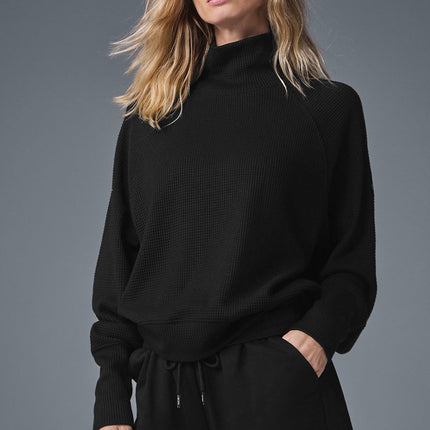 alo Women's Waffle Weekend Escape Mock Neck Long Sleeve - Black